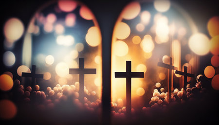 Crosses with bokeh background. Christian symbols. Generative AIの素材