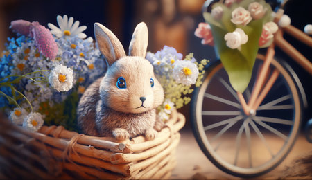 Easter bunny with basket of spring flowers and old bicycle in the background. Generative AIの素材