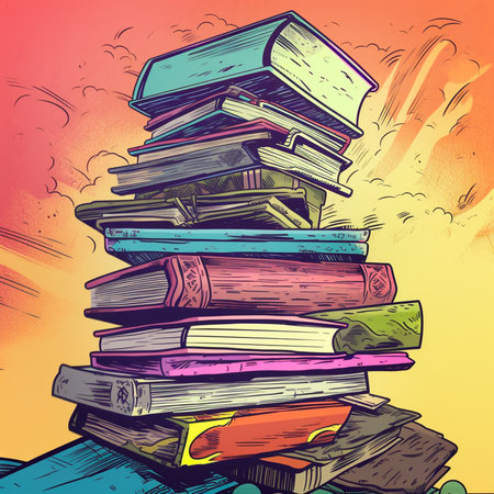 Pile of old books on colorful background illustration. Generative AIの素材