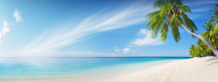 Panoramic view of beautiful tropical beach with palm trees and white sand. Generative AIの素材