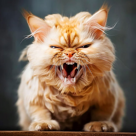 Funny ginger cat with wide open mouth. Shallow depth of field. Generative AIの素材