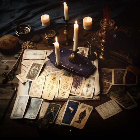 Fortune teller's desk. Tarot cards and candlesticks on dark background. Generative AIの素材