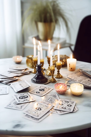Tarot cards on the table. Tarot cards in the interior. Generative AIの素材