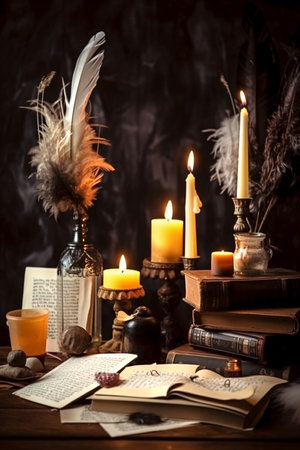 Old books, candles and feathers on a dark background. Halloween concept. Generative AIの素材