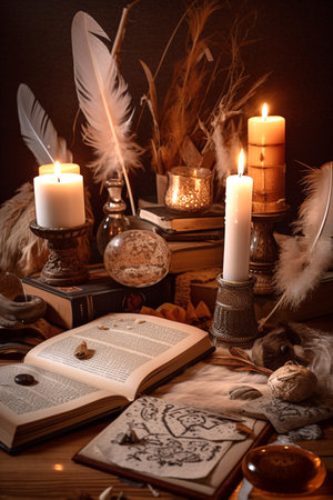 Vintage still life with old books, candles and feathers on wooden background. Generative AIの素材
