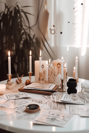 tarot cards, candles and notebook on white table in room. Generative AIの素材