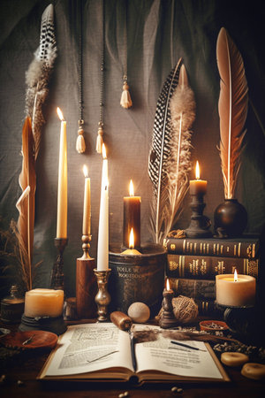 Vintage still life with old books, candles and feathers on wooden table. Generative AIの素材