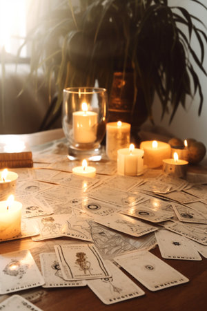 Tarot cards, burning candles and fortune teller desk at home. Generative AIの素材