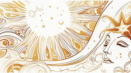Vector illustration of a beautiful woman with golden hair and stars on a white backgroundの素材