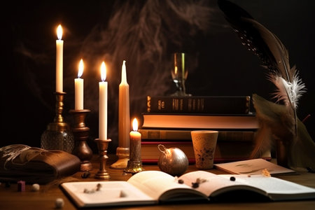 Old books, candles and incense on wooden table. Halloween concept. Generative AIの素材