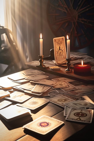 Tarot cards, fortune teller and candles on table in roomの素材