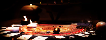 Casino roulette table with dice, poker chips and burning candlesの素材