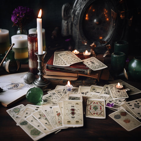 Tarot cards, magic book and candles on a wooden table. Generative AIの素材