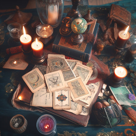 Tarot cards on the table. Magic occult background. Fortune telling.の素材