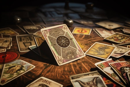 Tarot cards on wooden table. vintage style. selective focus.の素材
