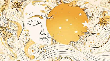 Vector illustration of a girl with long hair, moon and stars.の素材