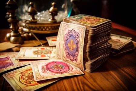 Tarot cards on a wooden table. Divination concept. selective focus. Toned.の素材