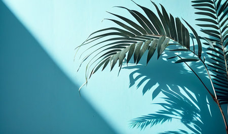 Tropical palm leaf shadow on turquoise wall. copyspace. Generative AIの素材
