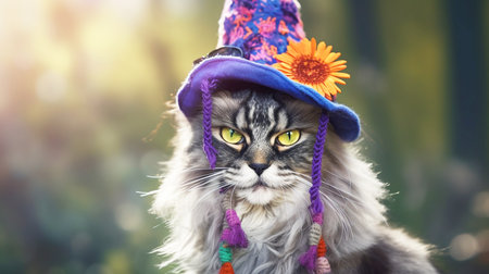 Beautiful maine coon cat wearing a hat with flowers in the garden. Generative AIの素材