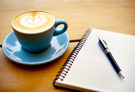 Cup of coffee with latte art on wooden table with notebook. Generative AIの素材