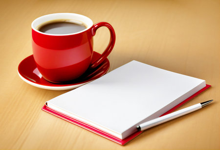 Cup of coffee and note book on the wooden table background. Generative AIの素材