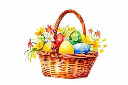 Watercolor easter background with rabbit, eggs and spring flowers. Generative AIの素材