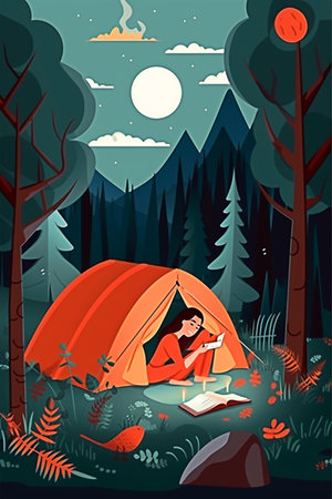 Tent camping in the forest illustration in cartoon style. Generative AIの素材
