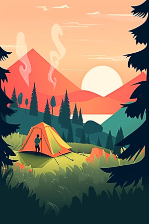 Camping in the mountains illustration in a flat style. Generative AIの素材