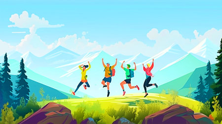 Group of happy friends jumping in the mountains illustration in flat style. Generative AIの素材