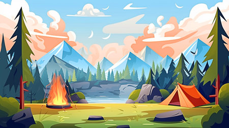 camping in the woods. Mountain landscape with campfire and tent illustration. Generative AIの素材