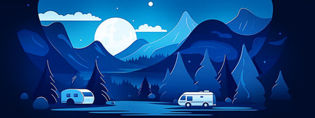 Landscape with mountains, forest, camper van and moon illustration. Generative AIの素材