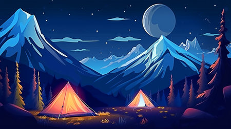 Camping in the mountains at night illustration in cartoon style. Generative AIの素材