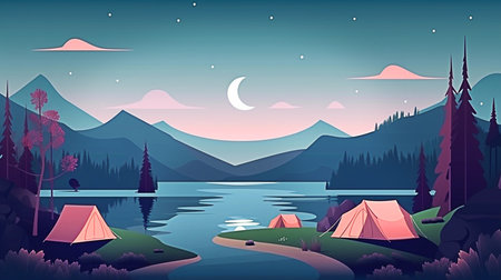 Camping on the lake and mountains at night illustration. Generative AIの素材
