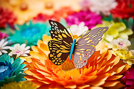 Butterfly made of paper on the background of colorful flowers. Generative AIの素材