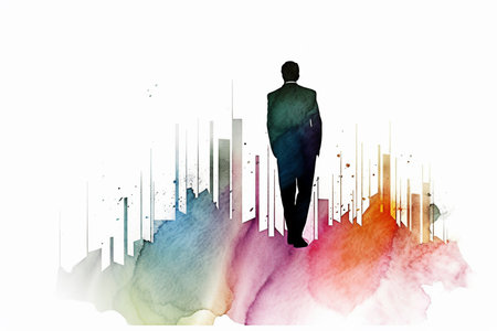 Silhouette of a businessman standing on a cityscape background. Generative AIの素材