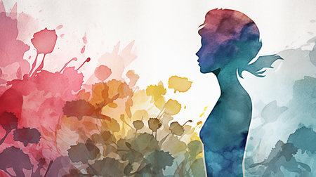 Silhouette of a beautiful woman in watercolor style. abstract background. Generative AIの素材