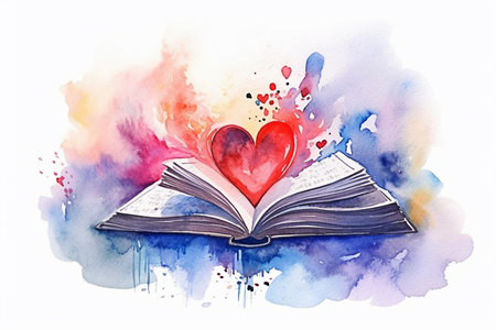 Watercolor illustration of open book with heart shape on watercolor background. Generative AIの素材