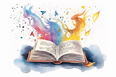 Open book with colorful paint splashes on white background illustration.の素材