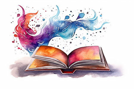 Watercolor illustration of an open book with a colorful paint splashes. Generative AIの素材