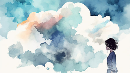 Illustration of a young woman looking at the sky with clouds. Generative AIの素材