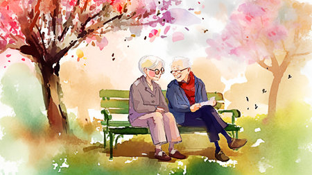 Elderly couple sitting on a bench in the park. watercolor painting. Generative AIの素材