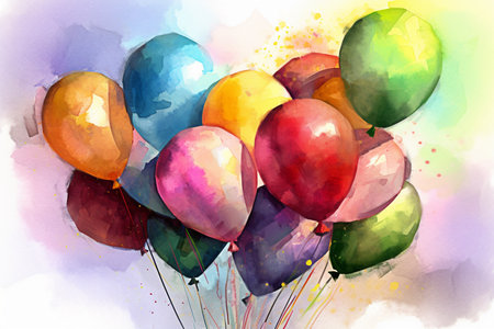 Bunch of colorful balloons in watercolor style, hand drawn illustration. Generative AIの素材