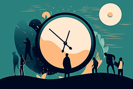 Time management concept. People silhouettes and clock. Watercolor illustration. Generative AIの素材