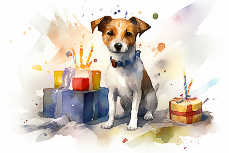 Watercolor illustration of a Jack Russell Terrier with a gift box. Generative AIの素材