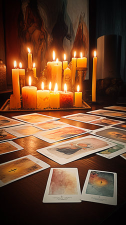 Tarot cards layout on witch table. Esoteric concept and astrology. Generative AIの素材