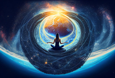 meditating in lotus pose against the background of the planet. Generative AIの素材