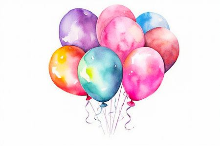 Colorful balloons isolated on white background. Watercolor hand drawn illustration. Generative AIの素材