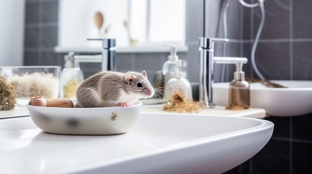 Hamster in the bathroom with bathtub and sink. modern interior. selective focus. Generative AIの素材
