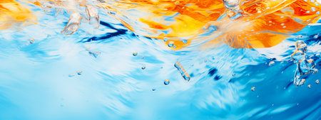 Orange and water splash on a blue background. horizontal photo. selective focus. Generative AIの素材