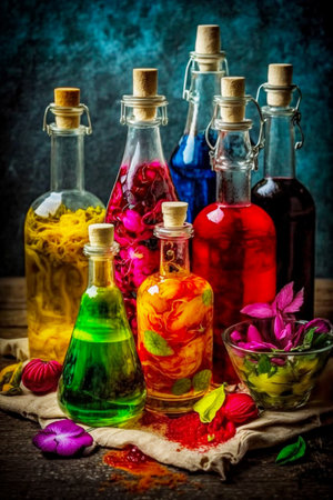 Variety of colorful spices and herbs in bottles on rustic background. selective focus. Generative AIの素材